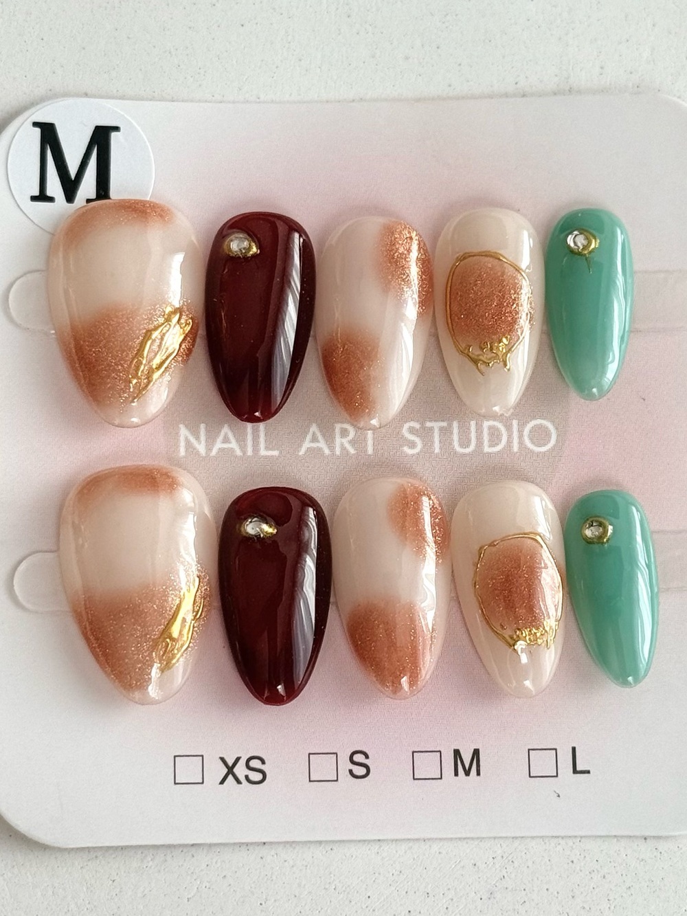Handmade Press-On Nails in Rose Gold, Burgundy & Mint Short Almond Size M